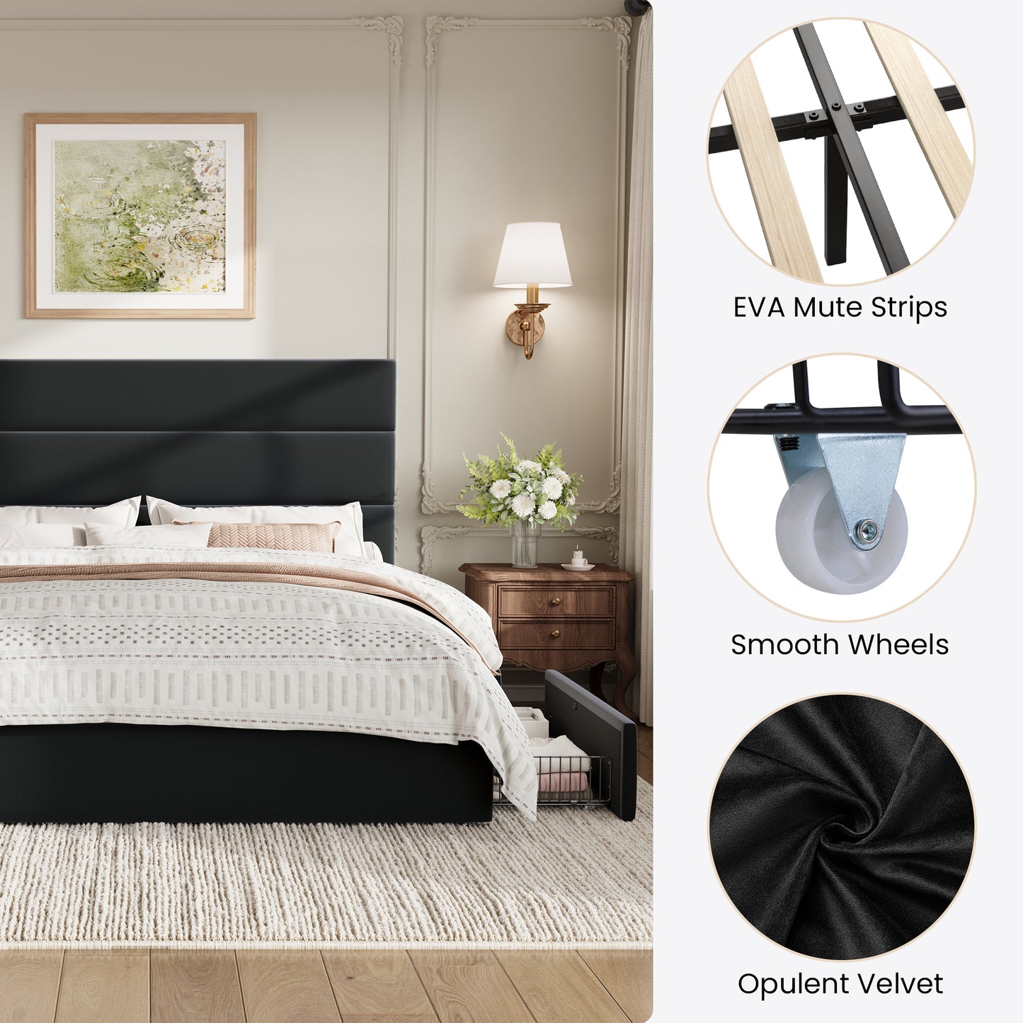Sha Cerlin Platform Bed Frame with 4 Storage Drawers, Velvet Upholstered Headboard