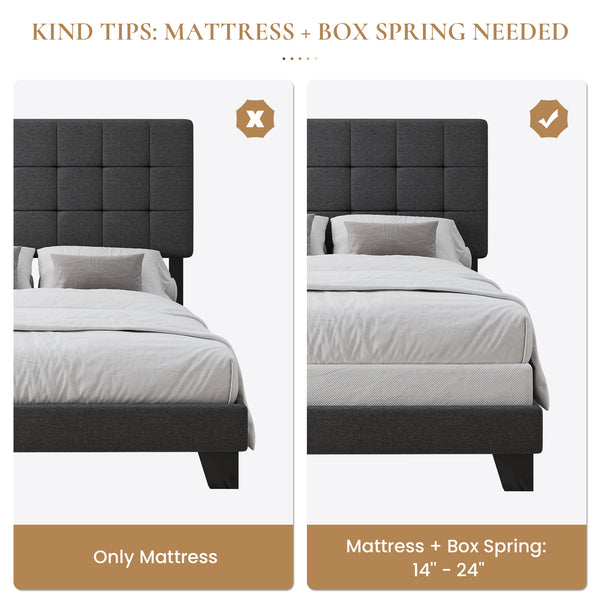 SHA CERLIN Grey Panel Platform Bed Frame with Adjustable Fabric Upholstered Headboard, Adult