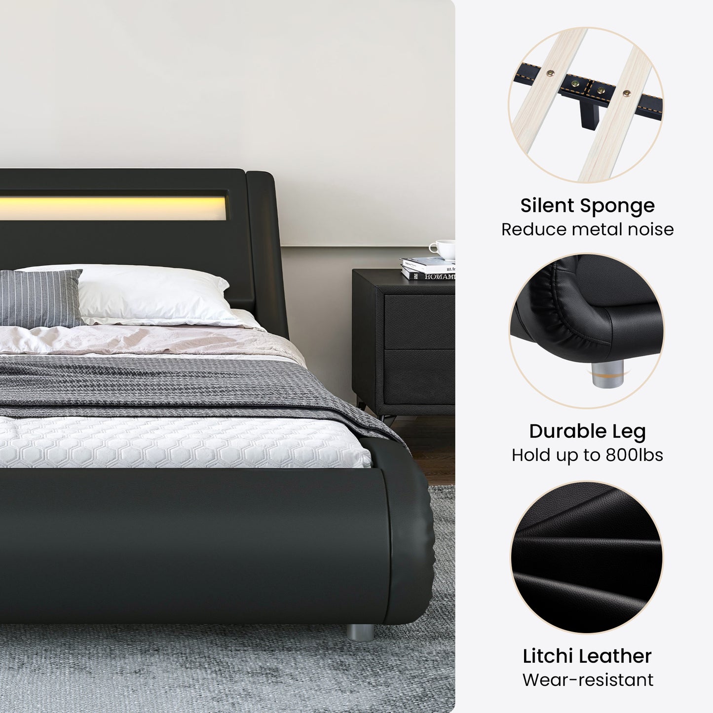 Wave-Like Curve PU Leather Platform Bed Frame with Adjustable Headboard and LED Lights