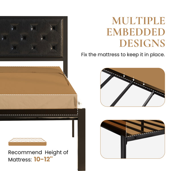 Metal Bed with Headboard, Strong Steel Slats Support