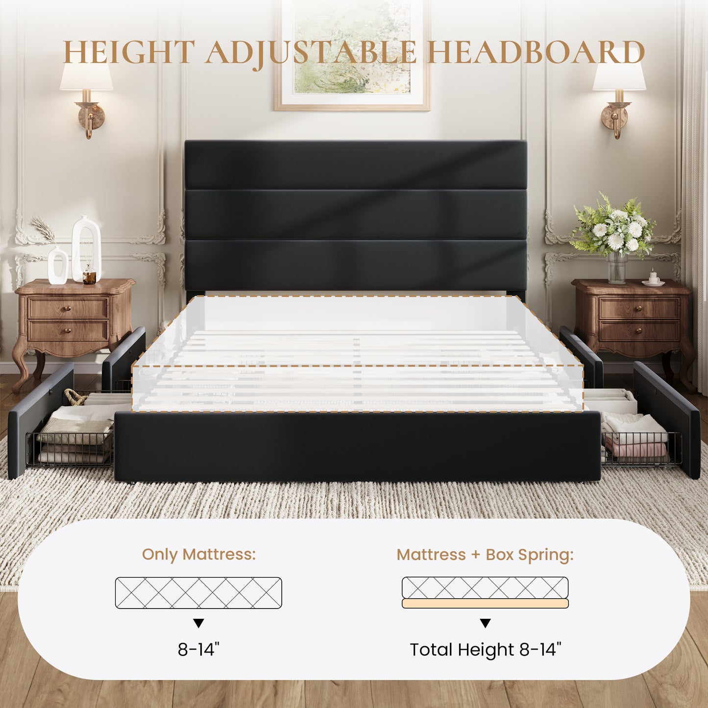 Sha Cerlin Platform Bed Frame with 4 Storage Drawers, Velvet Upholstered Headboard