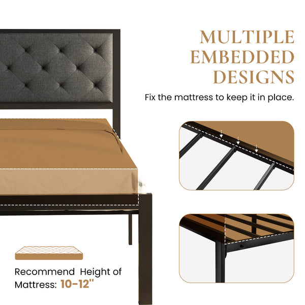 Metal Bed with Headboard, Strong Steel Slats Support
