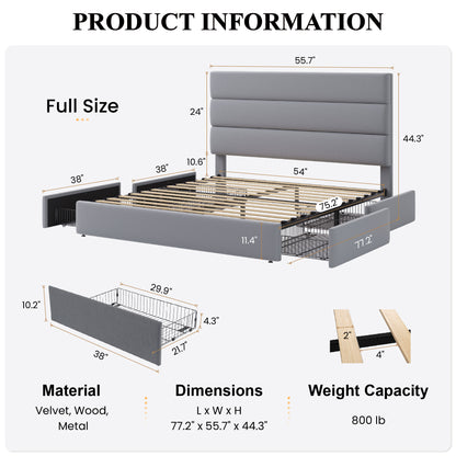 Sha Cerlin Platform Bed Frame with 4 Storage Drawers, Velvet Upholstered Headboard