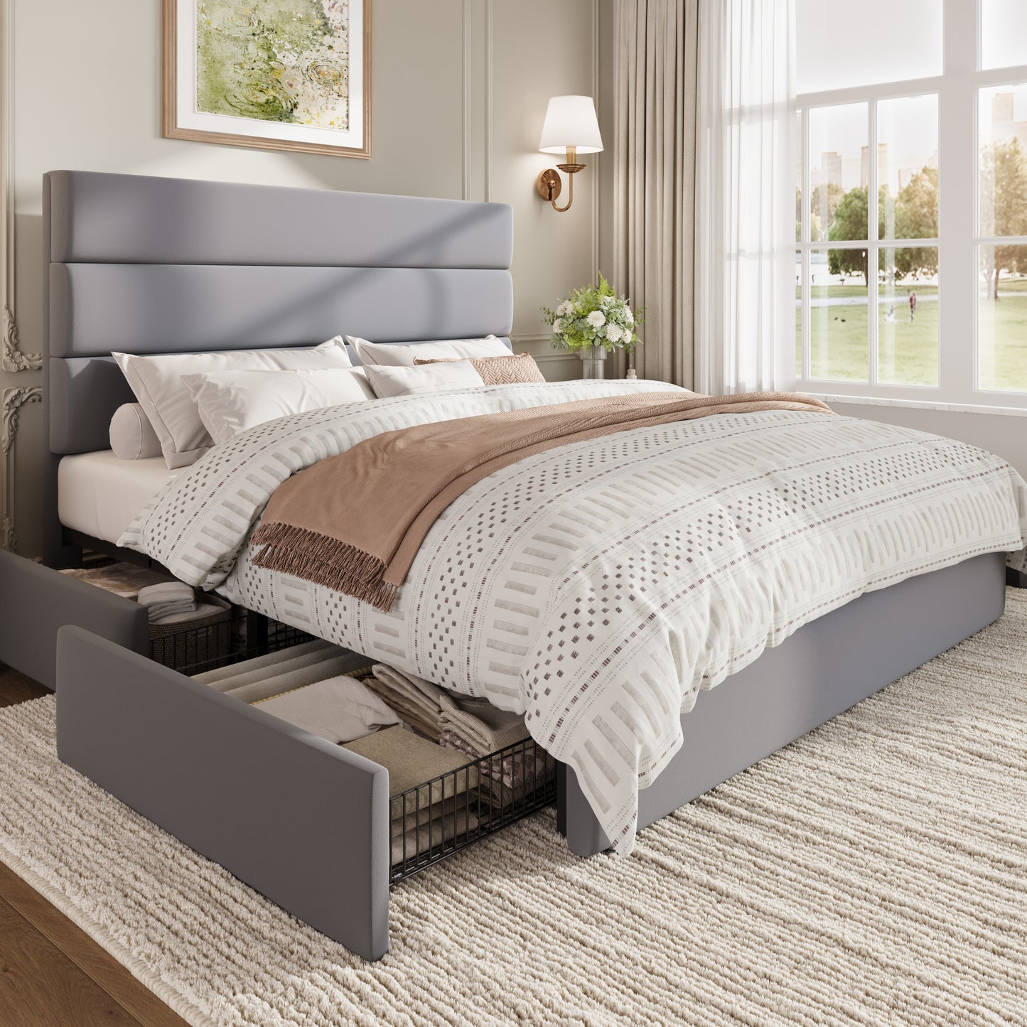 Sha Cerlin Platform Bed Frame with 4 Storage Drawers, Velvet Upholstered Headboard