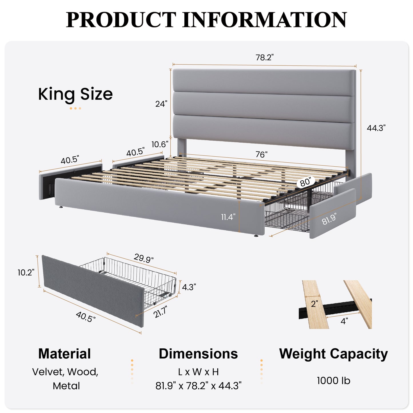 Sha Cerlin Platform Bed Frame with 4 Storage Drawers, Velvet Upholstered Headboard