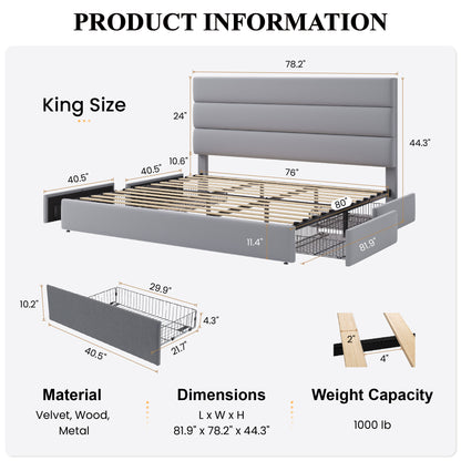 Sha Cerlin Platform Bed Frame with 4 Storage Drawers, Velvet Upholstered Headboard