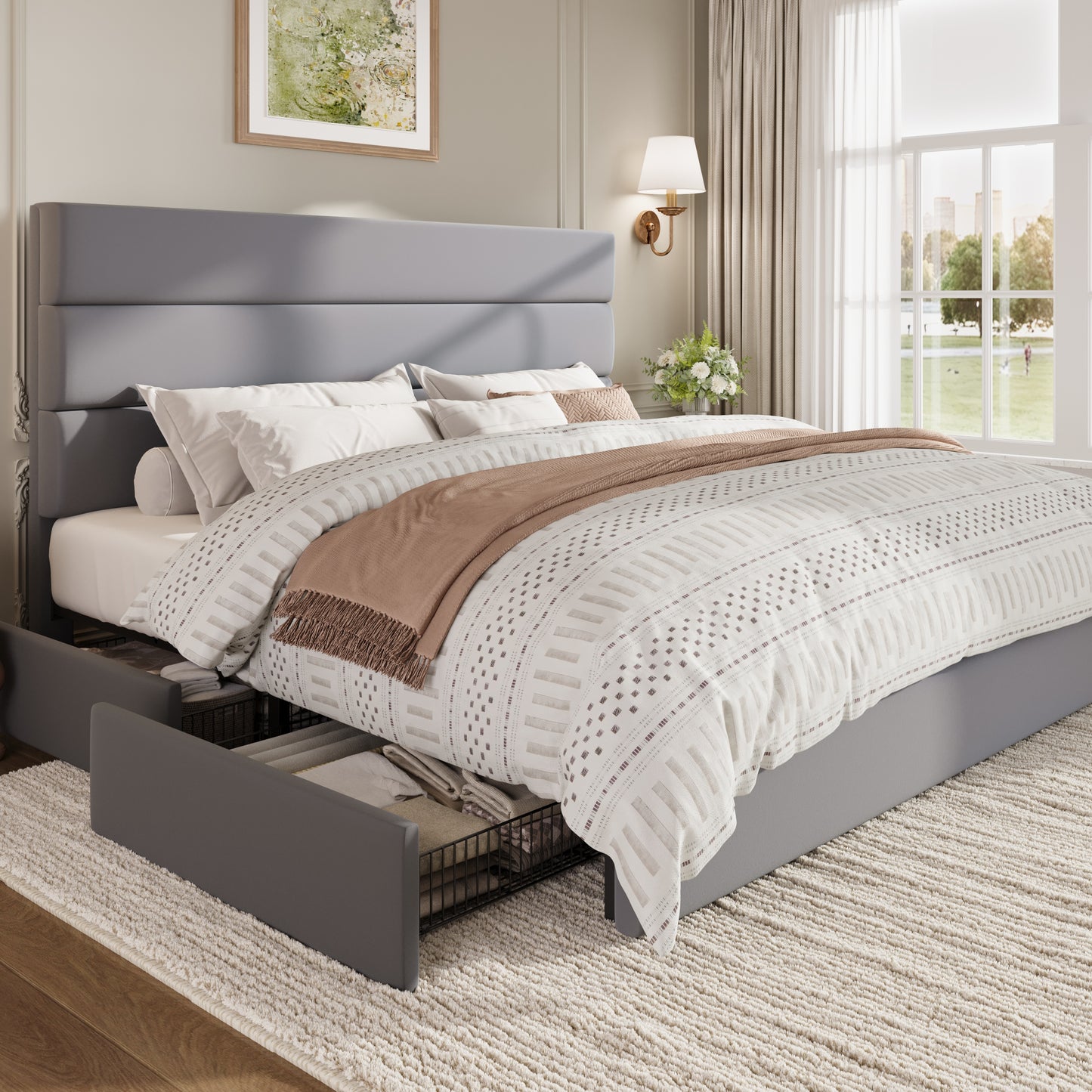 Sha Cerlin Platform Bed Frame with 4 Storage Drawers, Velvet Upholstered Headboard