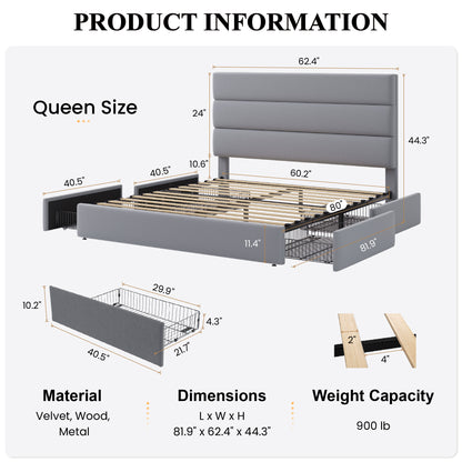 Sha Cerlin Platform Bed Frame with 4 Storage Drawers, Velvet Upholstered Headboard