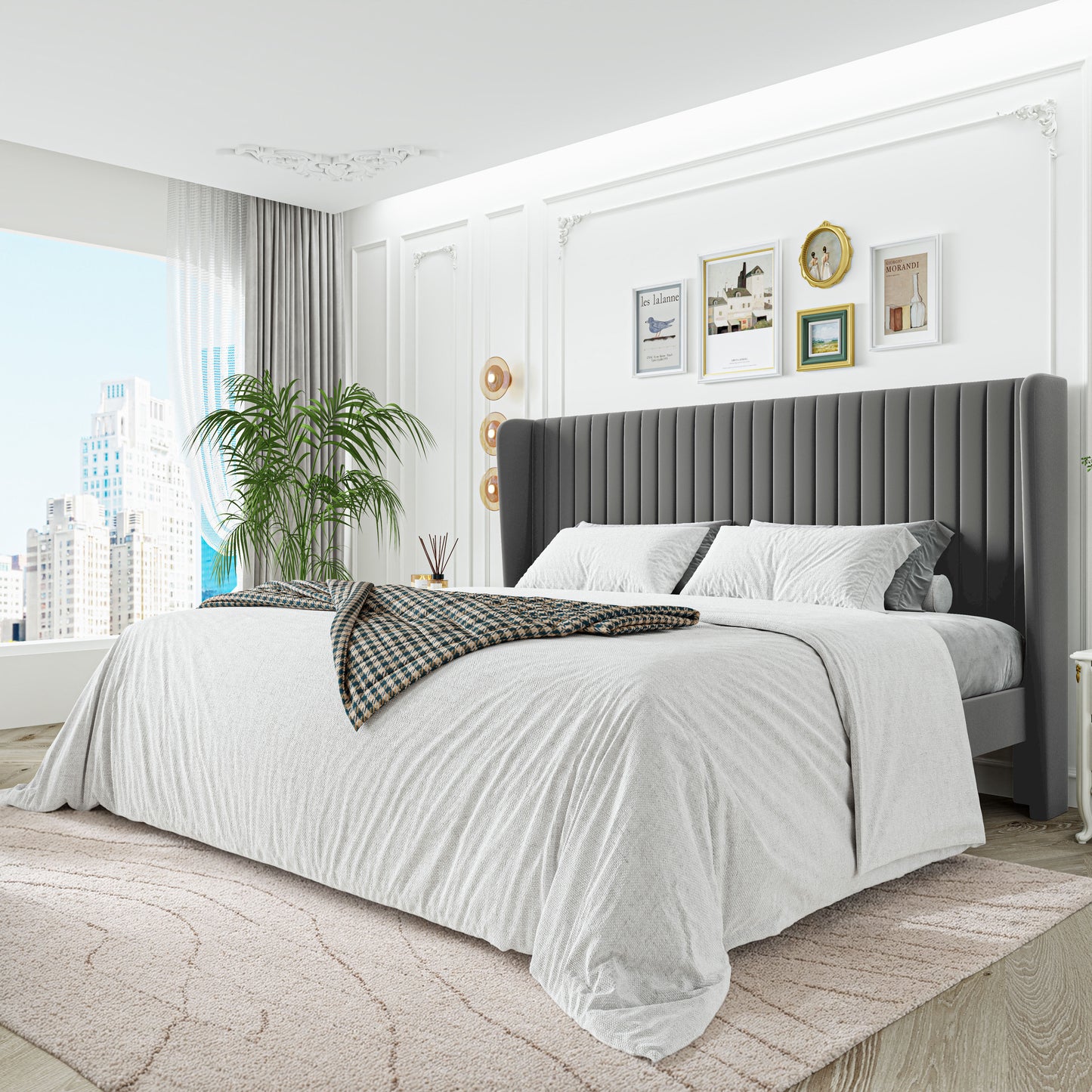 Sha Cerlin Upholstered Platform Bed Frame with Velvet Channel Wingback Headboard