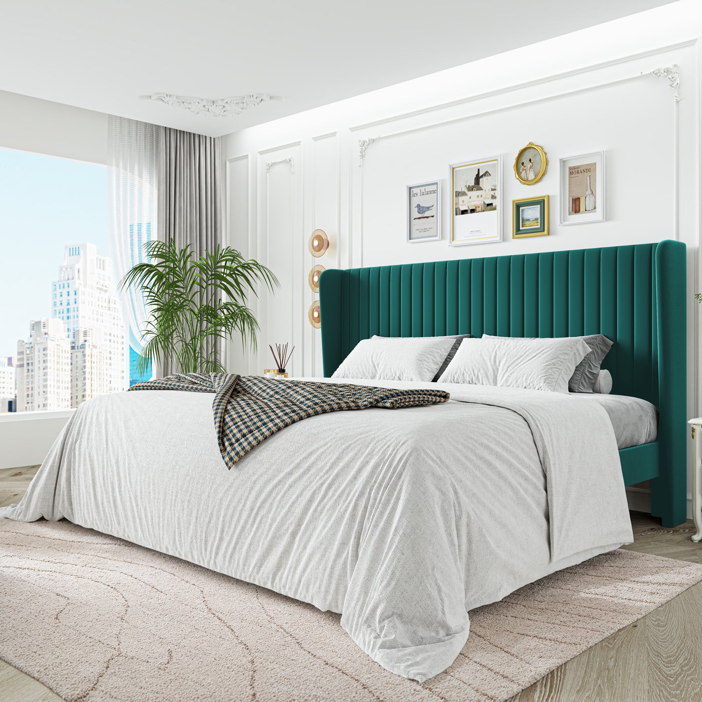 Sha Cerlin Upholstered Platform Bed Frame with Velvet Channel Wingback Headboard