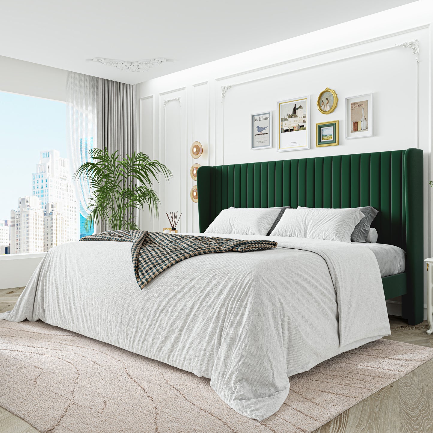 Sha Cerlin Upholstered Platform Bed Frame with Velvet Channel Wingback Headboard