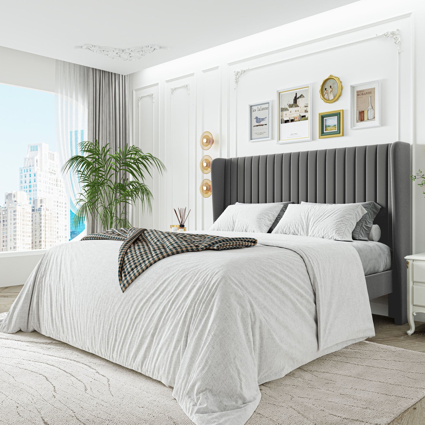 Sha Cerlin Upholstered Platform Bed Frame with Velvet Channel Wingback Headboard