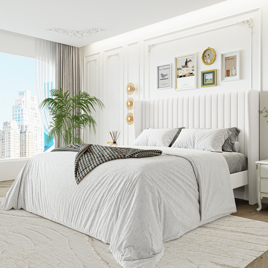 Sha Cerlin Upholstered Platform Bed Frame with Velvet Channel Wingback Headboard