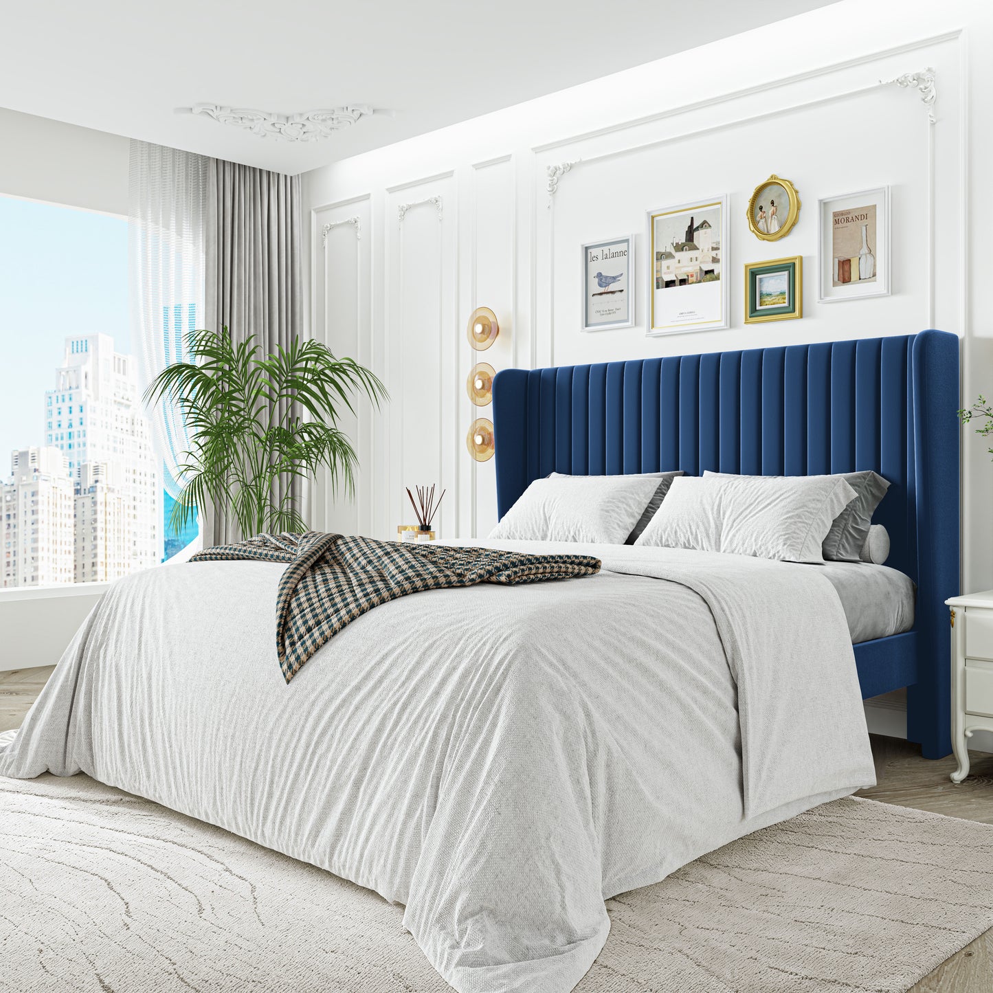 Sha Cerlin Upholstered Platform Bed Frame with Velvet Channel Wingback Headboard