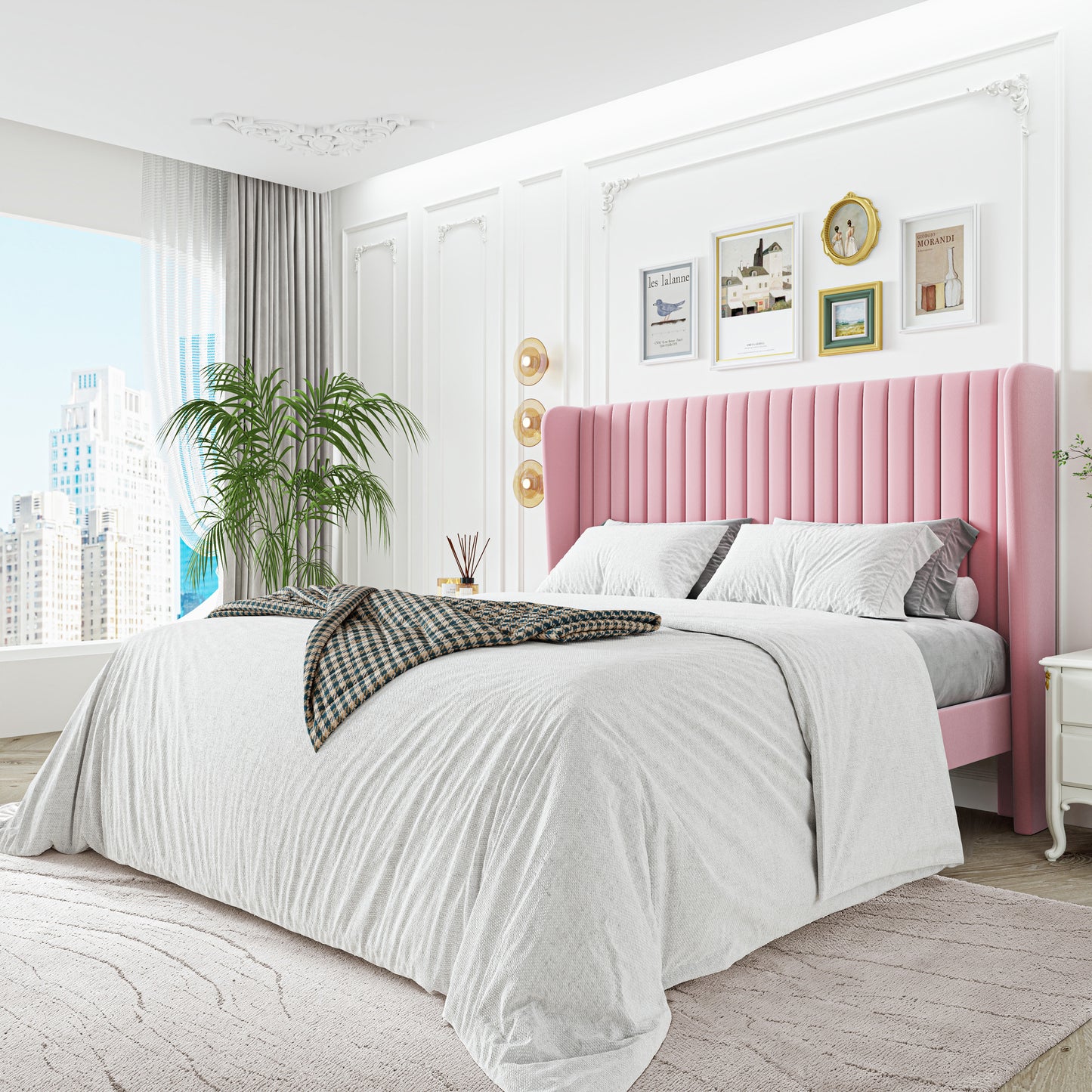 Sha Cerlin Upholstered Platform Bed Frame with Velvet Channel Wingback Headboard