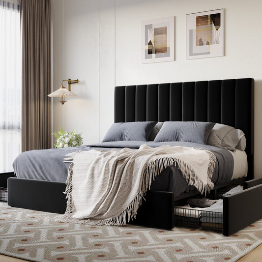 SHA CERLIN Platform Bed Frame with 4 Storage Drawers, Vertical Channel Tufted Adjustable Headboard, Velvet Upholstered, Wooden Slats Support, No Box Spring Needed