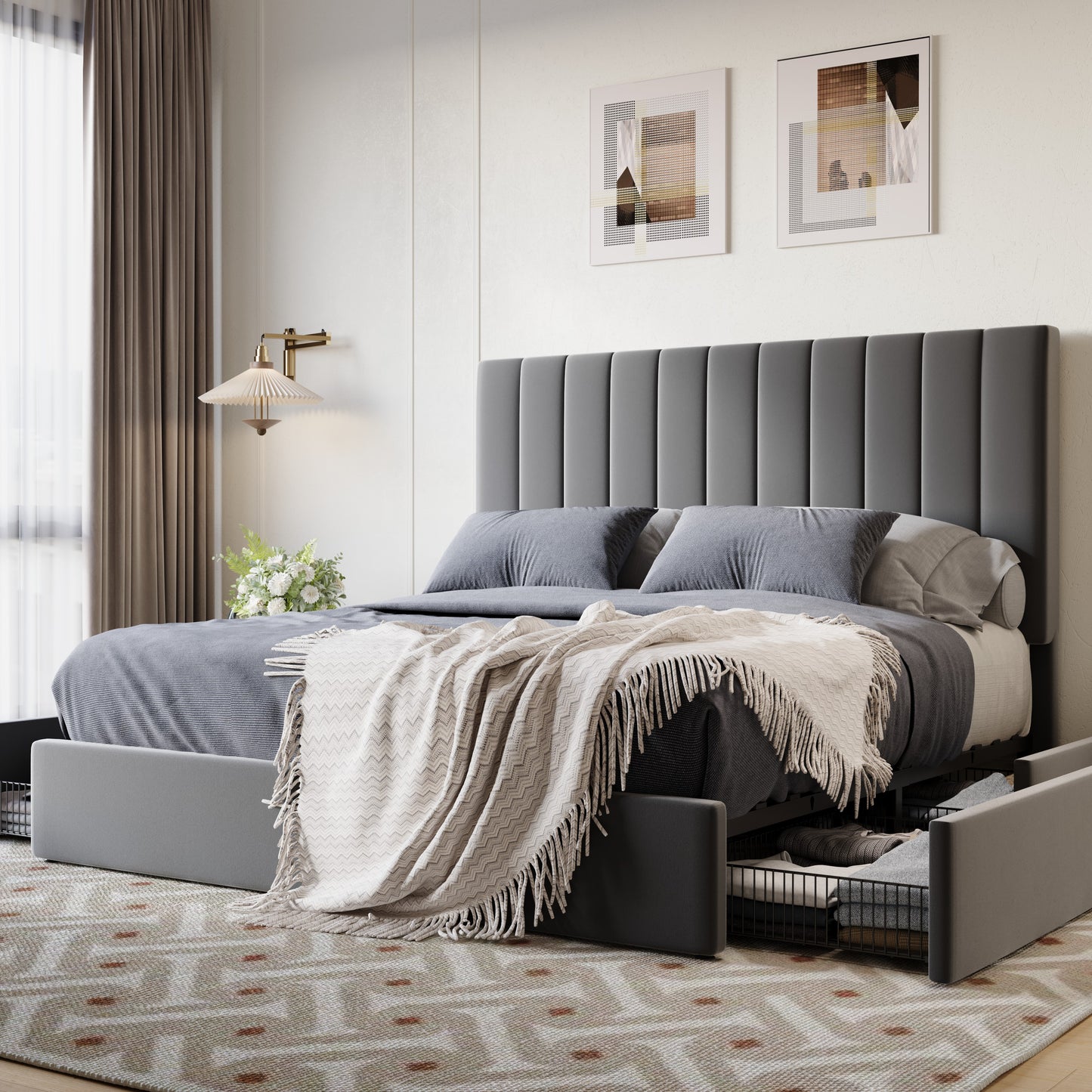 SHA CERLIN Platform Bed Frame with 4 Storage Drawers, Vertical Channel Tufted Adjustable Headboard, Velvet Upholstered, Wooden Slats Support, No Box Spring Needed