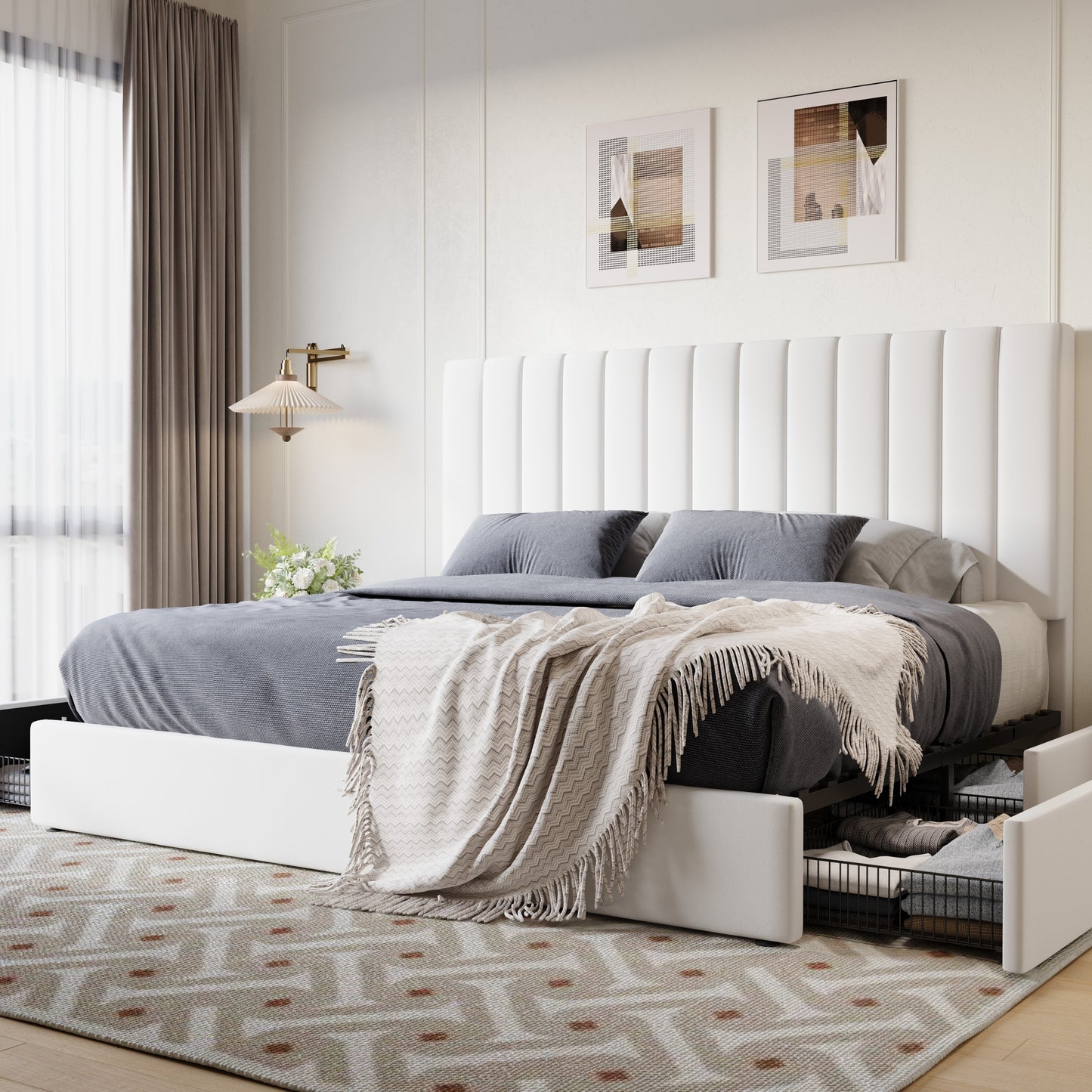 SHA CERLIN Platform Bed Frame with 4 Storage Drawers, Vertical Channel Tufted Adjustable Headboard, Velvet Upholstered, Wooden Slats Support, No Box Spring Needed