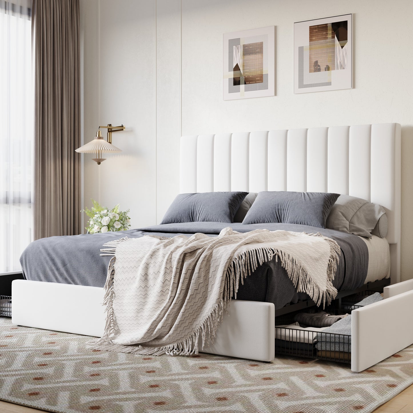 SHA CERLIN Platform Bed Frame with 4 Storage Drawers, Vertical Channel Tufted Adjustable Headboard, Velvet Upholstered, Wooden Slats Support, No Box Spring Needed