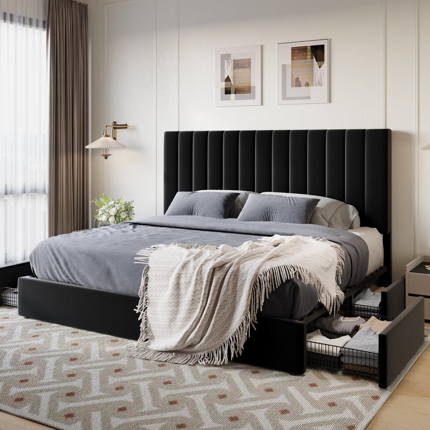 SHA CERLIN Platform Bed Frame with 4 Storage Drawers, Vertical Channel Tufted Adjustable Headboard, Velvet Upholstered, Wooden Slats Support, No Box Spring Needed