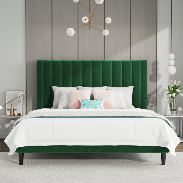 Velvet Bed Frame with Headboard, Strong Wood Slats Support