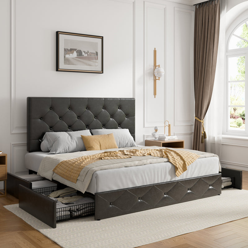 SHA CERLIN Leather Platform Bed Frame with 4 Storage Drawers, Adjustable Tufted Headboard, Adult