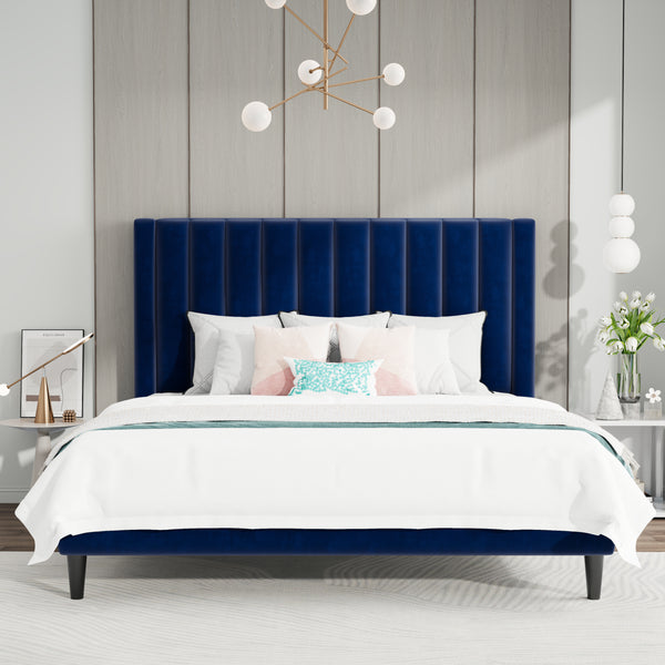 Velvet Bed Frame with Headboard, Strong Wood Slats Support