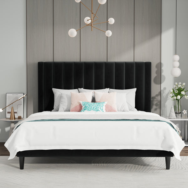 Velvet Bed Frame with Headboard, Strong Wood Slats Support