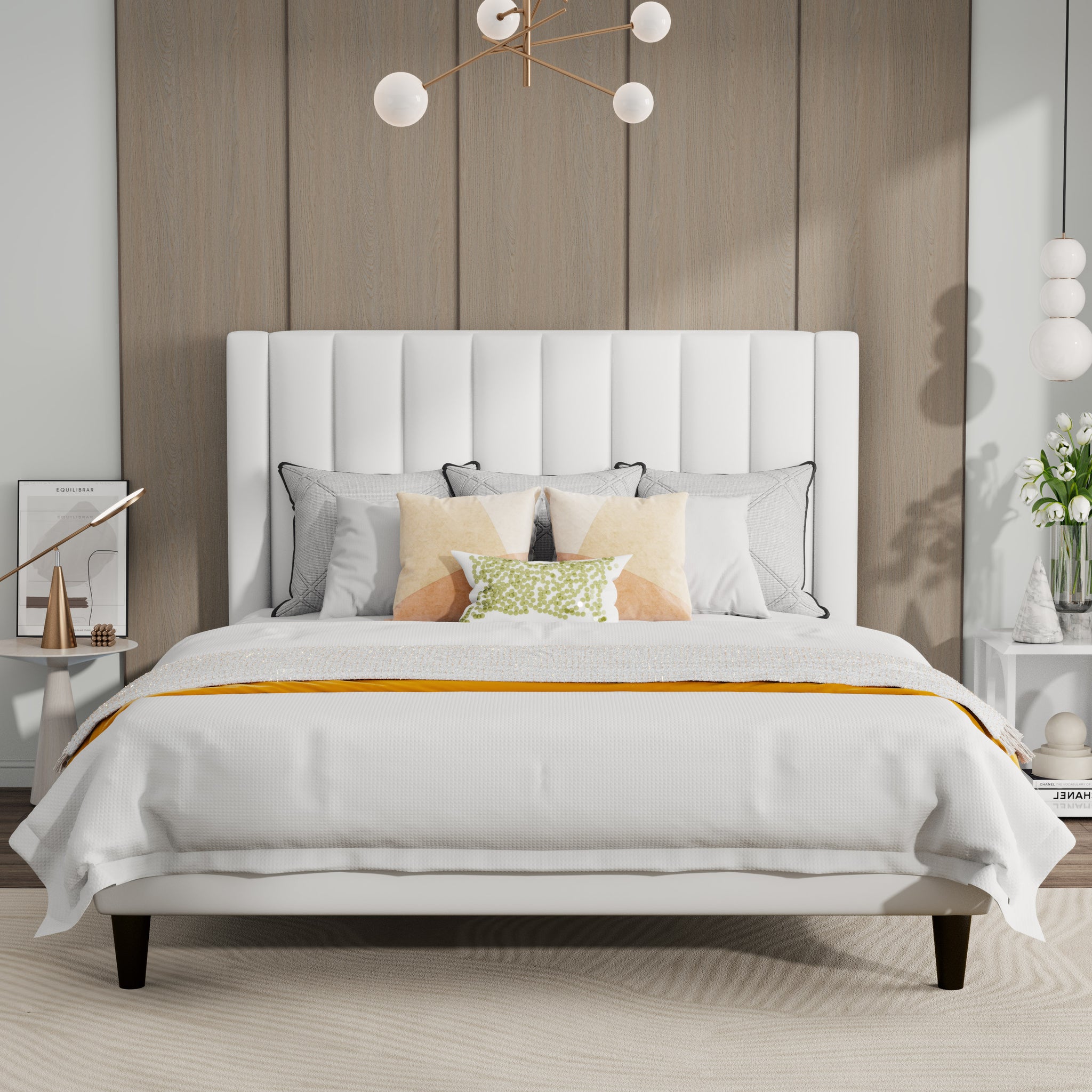 Velvet Bed Frame with Headboard, Strong Wood Slats Support