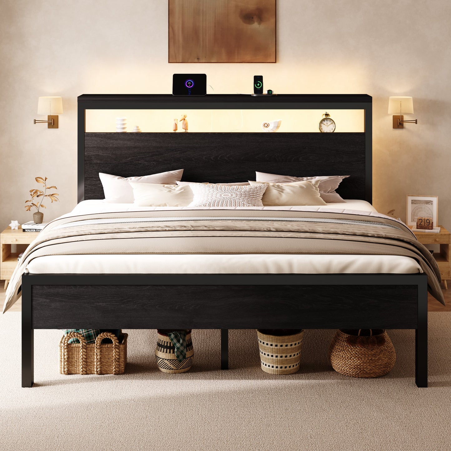 Sha Cerlin Bed Frame, 2-Tier Storage Headboard, LED, Charging Station | Wood Metal Platform with Footboard, No Box Spring Needed, Noise-free, Under Bed Storage, Black Oak