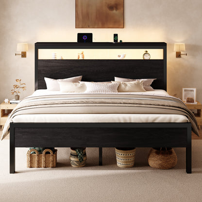 Sha Cerlin Bed Frame, 2-Tier Storage Headboard, LED, Charging Station | Wood Metal Platform with Footboard, No Box Spring Needed, Noise-free, Under Bed Storage, Black Oak