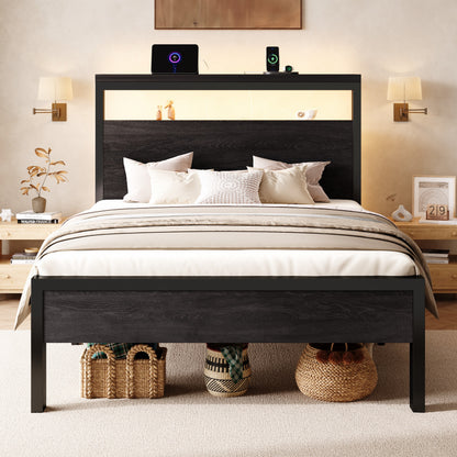 Sha Cerlin Bed Frame, 2-Tier Storage Headboard, LED, Charging Station | Wood Metal Platform with Footboard, No Box Spring Needed, Noise-free, Under Bed Storage, Black Oak