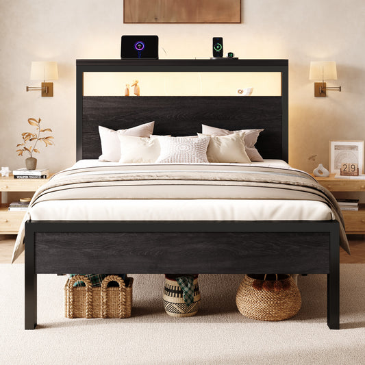 Sha Cerlin Bed Frame, 2-Tier Storage Headboard, LED, Charging Station | Wood Metal Platform with Footboard, No Box Spring Needed, Noise-free, Under Bed Storage, Black Oak