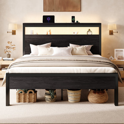 Sha Cerlin Bed Frame, 2-Tier Storage Headboard, LED, Charging Station | Wood Metal Platform with Footboard, No Box Spring Needed, Noise-free, Under Bed Storage, Black Oak