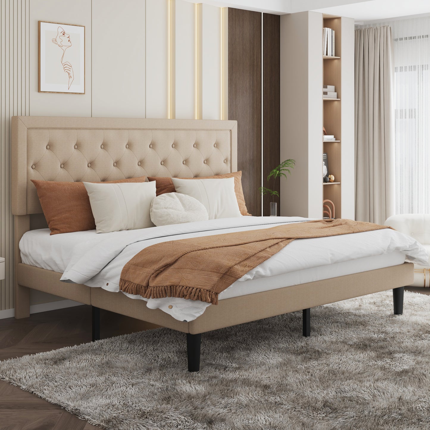 Sha Cerlin Size Platform Bed Frame with Upholstered Fabric Rhombic Button Tufted Adjustable Headboard for All Ages