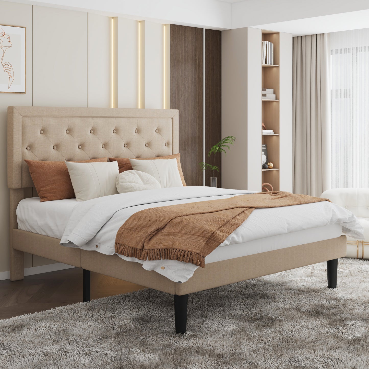 Sha Cerlin Size Platform Bed Frame with Upholstered Fabric Rhombic Button Tufted Adjustable Headboard for All Ages