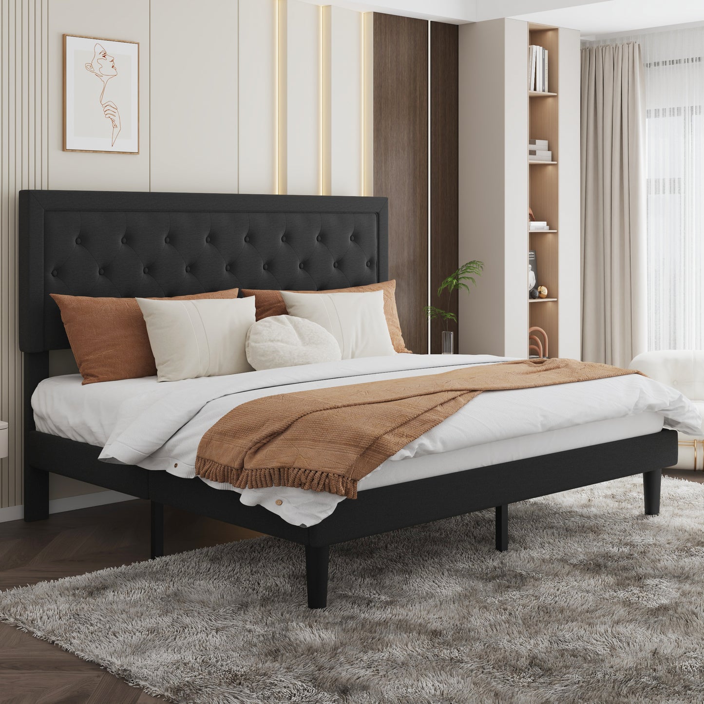 Sha Cerlin Size Platform Bed Frame with Upholstered Fabric Rhombic Button Tufted Adjustable Headboard for All Ages
