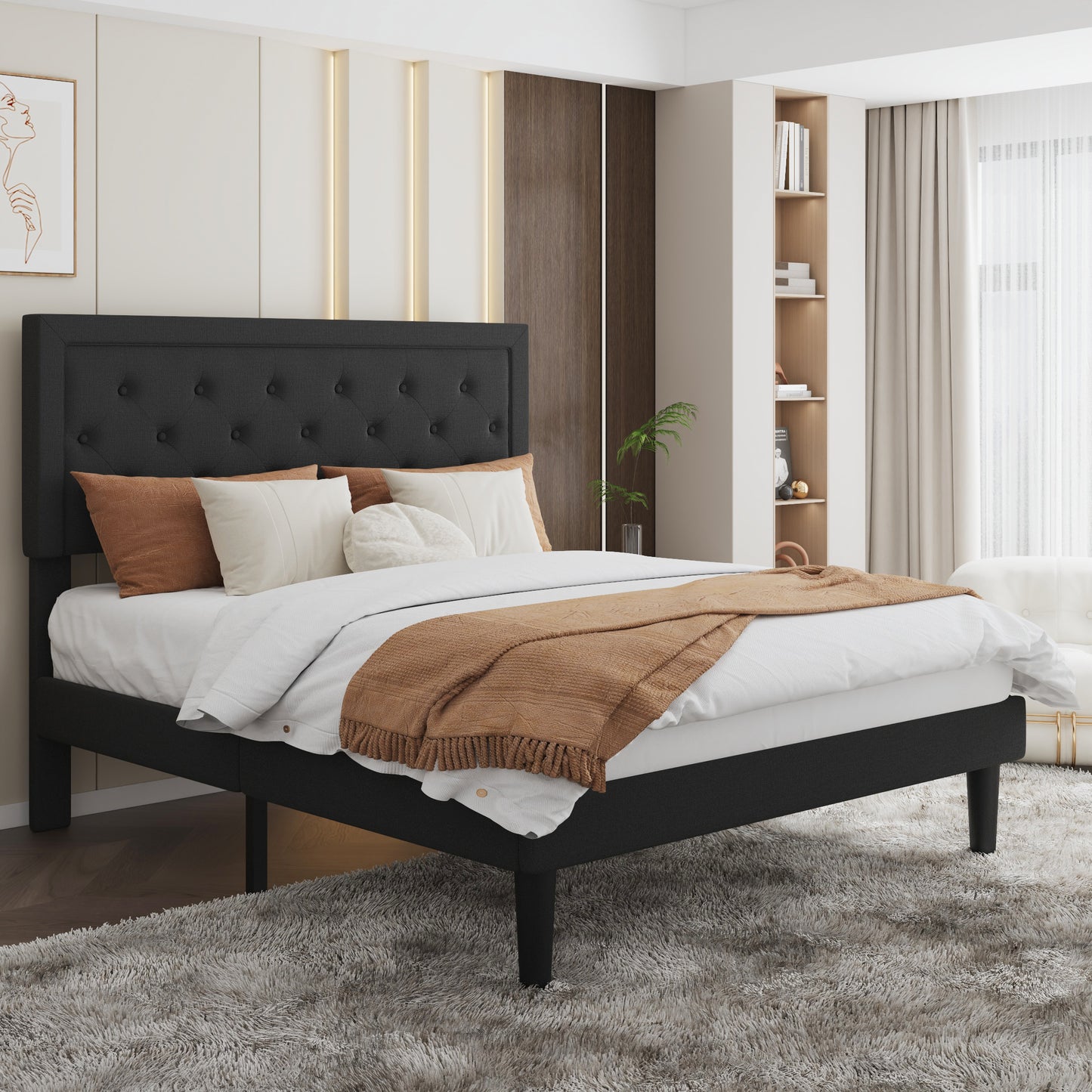Sha Cerlin Size Platform Bed Frame with Upholstered Fabric Rhombic Button Tufted Adjustable Headboard for All Ages