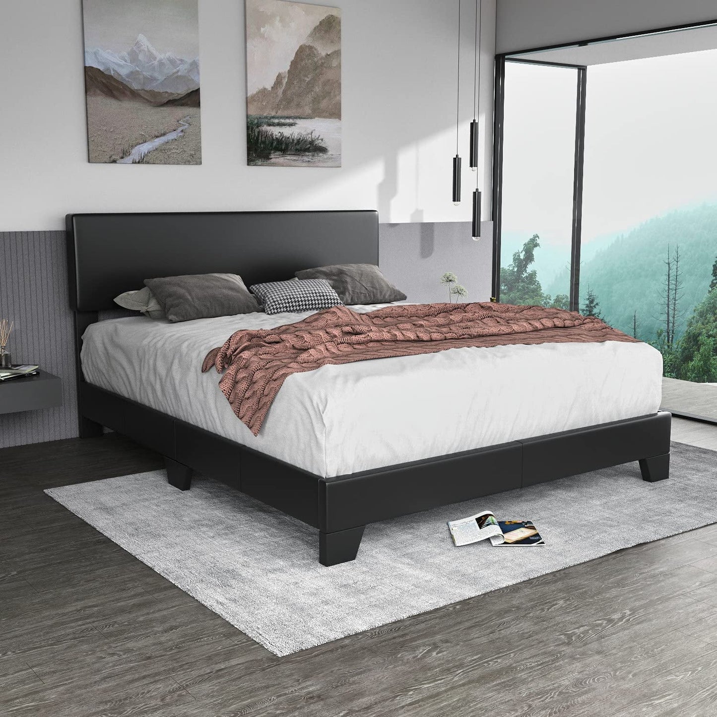 Sha Cerlin Platform Bed Fame with Adjustable Leather Headboard, Adult