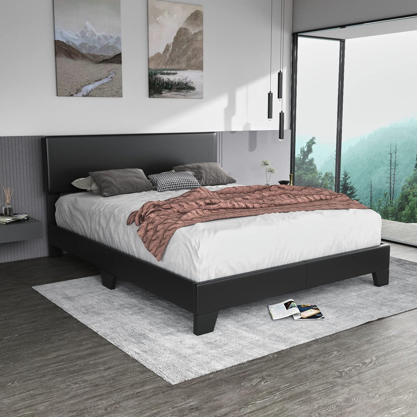 Sha Cerlin Platform Bed Fame with Adjustable Leather Headboard, Adult