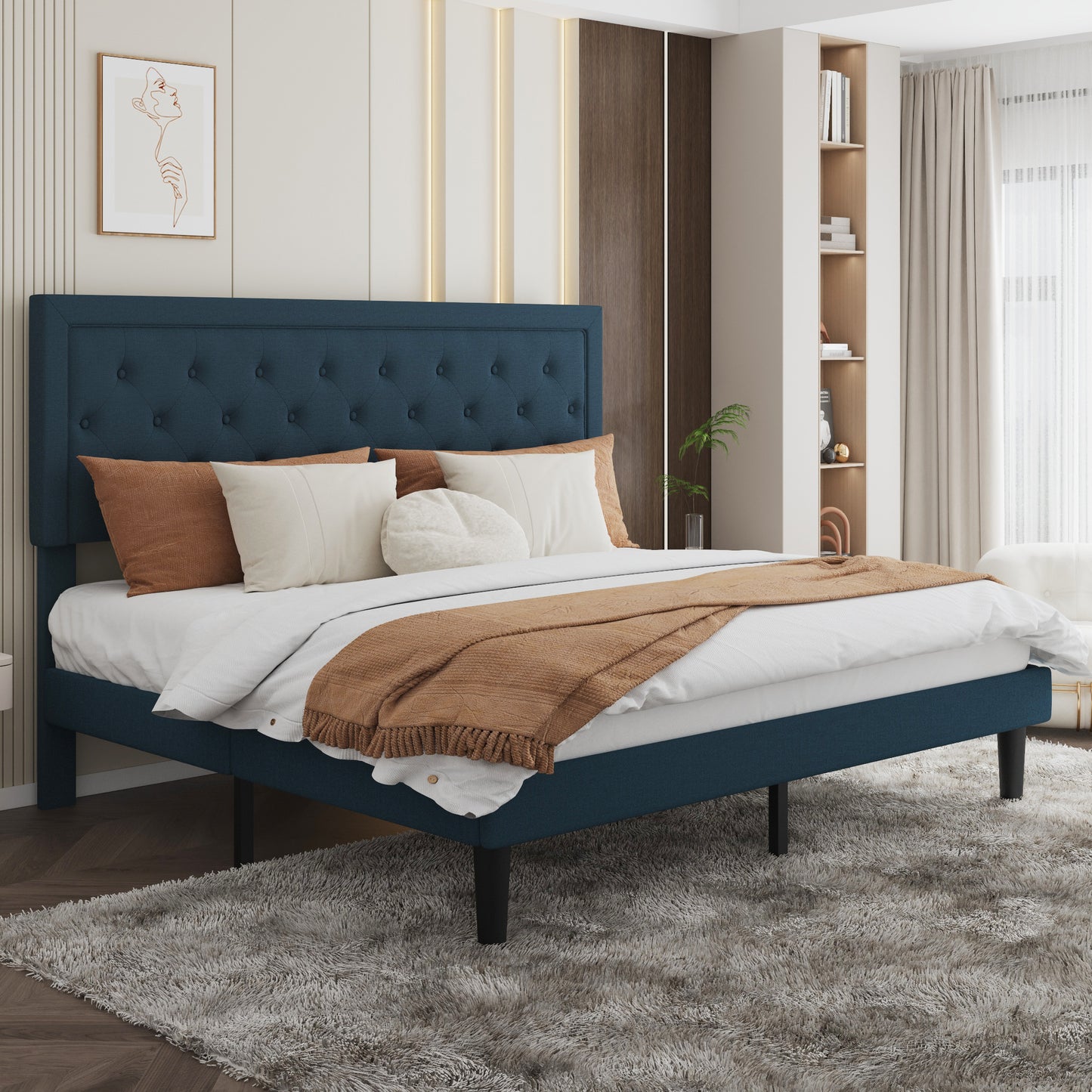 Sha Cerlin Size Platform Bed Frame with Upholstered Fabric Rhombic Button Tufted Adjustable Headboard for All Ages