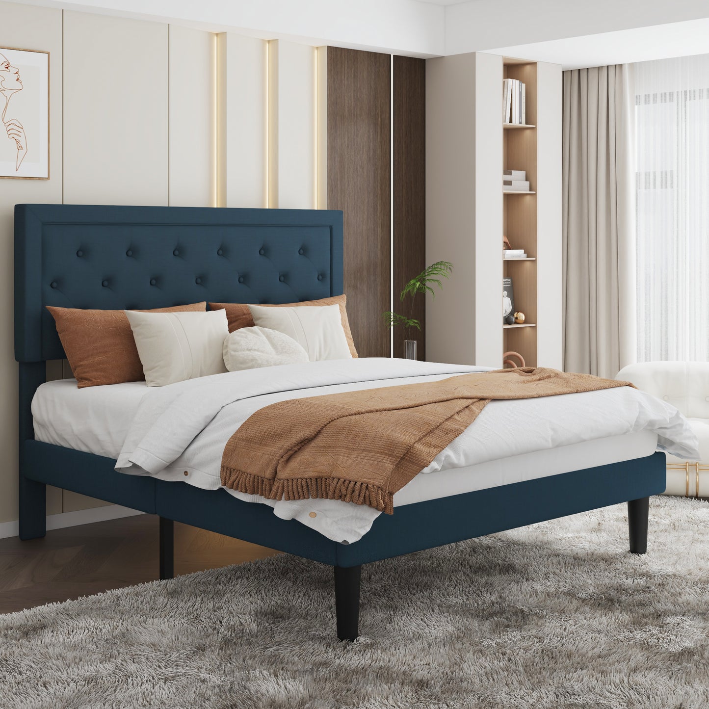 Sha Cerlin Size Platform Bed Frame with Upholstered Fabric Rhombic Button Tufted Adjustable Headboard for All Ages