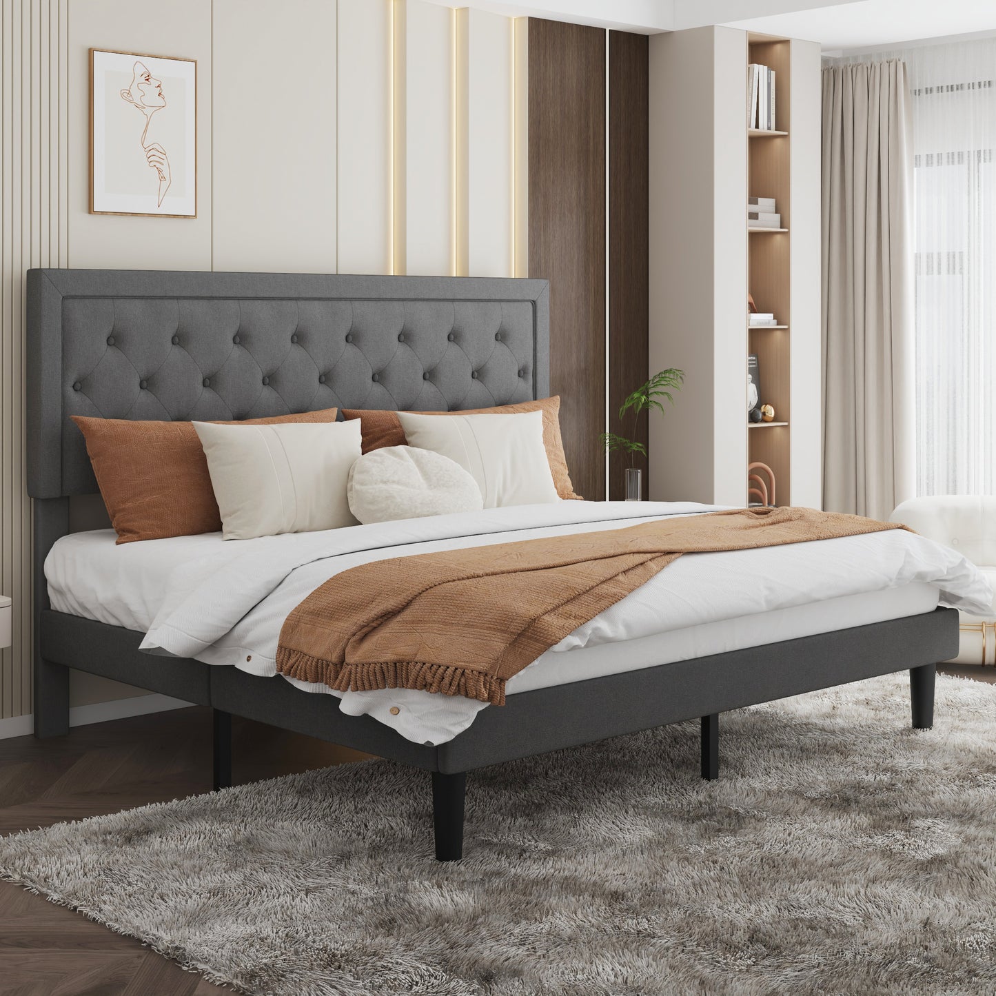 Sha Cerlin Size Platform Bed Frame with Upholstered Fabric Rhombic Button Tufted Adjustable Headboard for All Ages