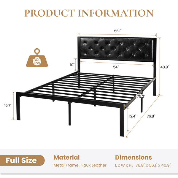 Metal Bed with Headboard, Strong Steel Slats Support
