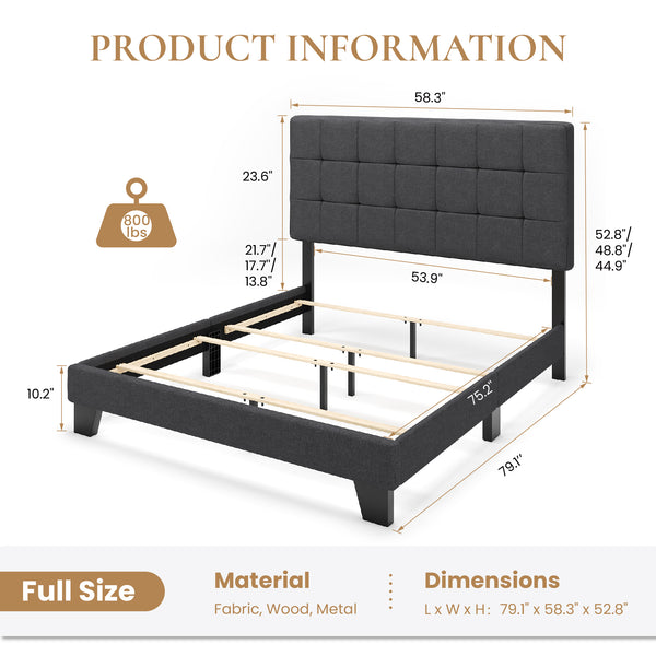 SHA CERLIN Grey Panel Platform Bed Frame with Adjustable Fabric Upholstered Headboard, Adult