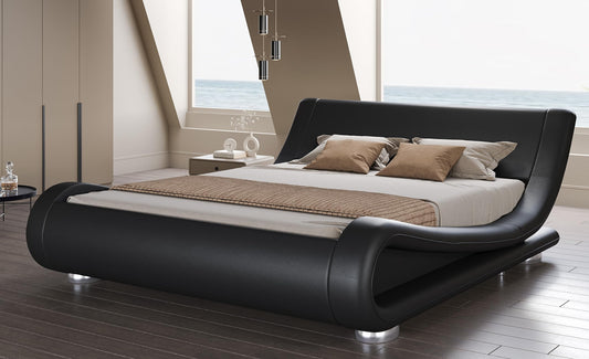 Upholstered Bed Frame, Deluxe Low Profile Sleigh Bed with Faux Leather Ergonomics Headboard