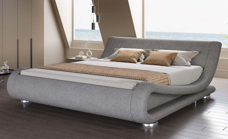 Upholstered Bed Frame, Deluxe Low Profile Sleigh Bed with Faux Leather Ergonomics Headboard