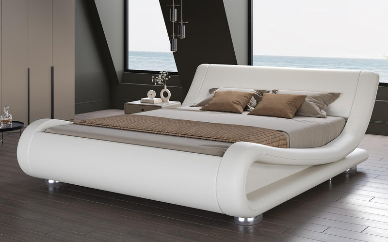 Upholstered Bed Frame, Deluxe Low Profile Sleigh Bed with Faux Leather Ergonomics Headboard