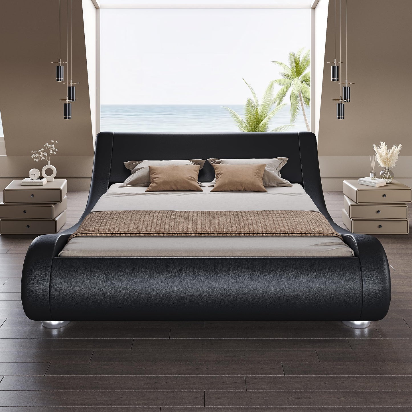 Upholstered Bed Frame, Deluxe Low Profile Sleigh Bed with Faux Leather Ergonomics Headboard