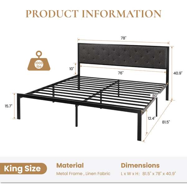 Metal Bed with Headboard, Strong Steel Slats Support